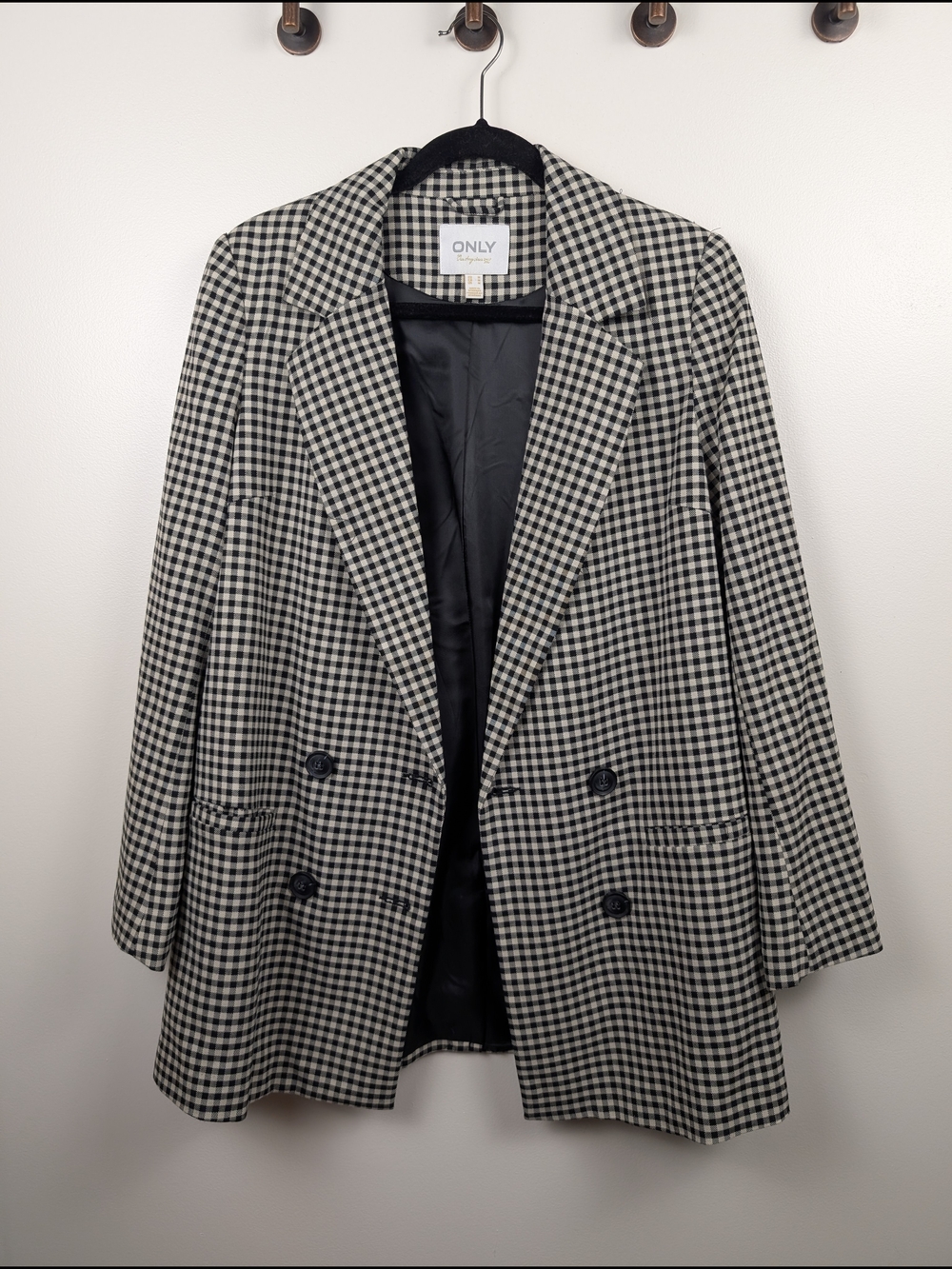 ONLY Black and White Gingham Double-Breasted Blazer